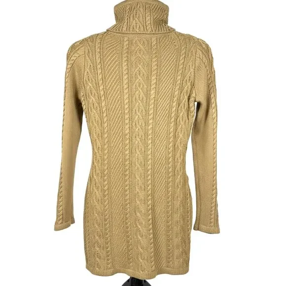 Khaki Turtleneck Bodycon Slim Fitted Cable Knit Long Sweater Size Small Neutral - Picture 4 of 9